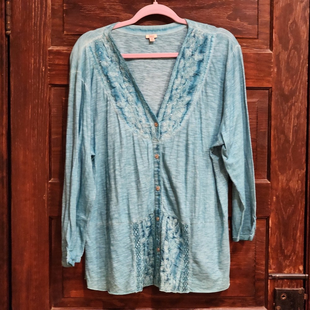 Reba Teal Blue Accent Button Down Tunic 2X Turquoise